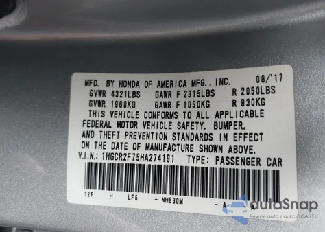 2017 Honda Accord Ex from USA, damaged, VIN 1HGCR2F75HA274191